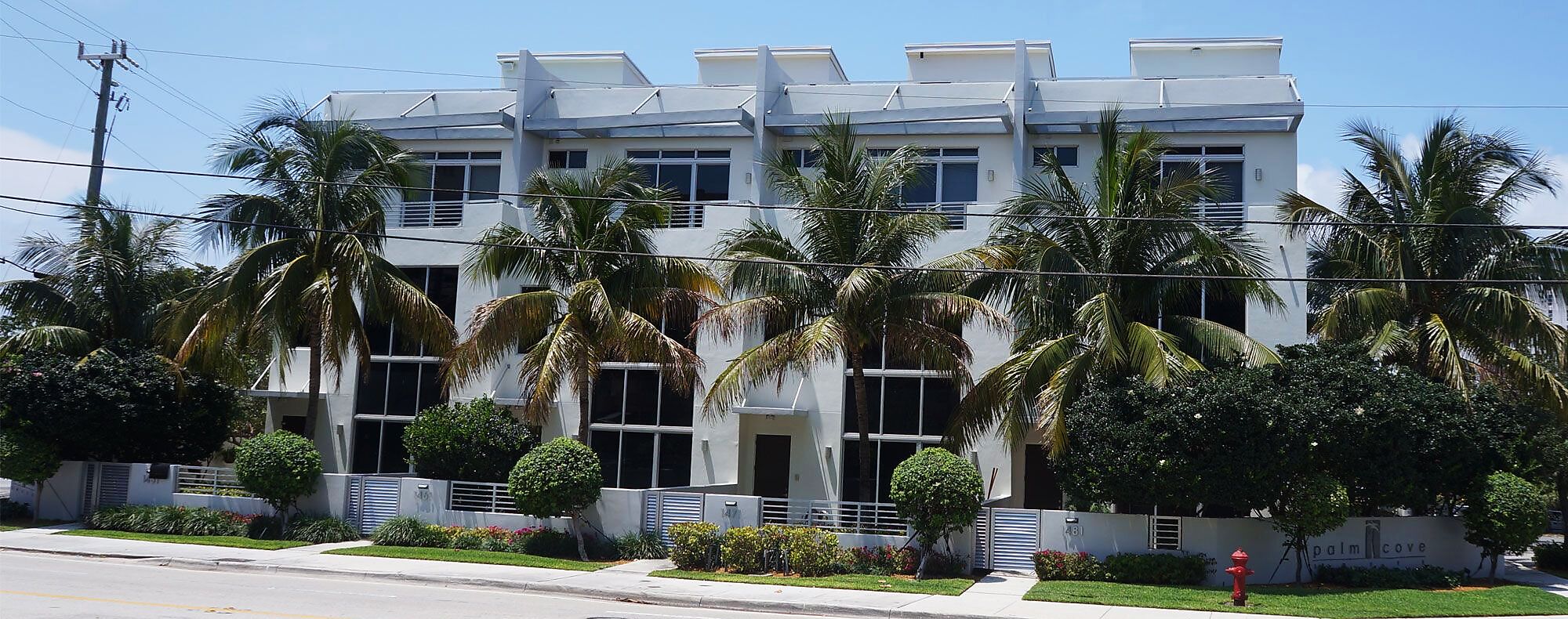 The Palm Cove Lofts townhomes behind a row of coconut palms